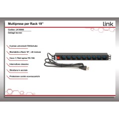 MULTIPRESA DA RACK 19" 9 PRESE UNIVERSALI CON INTERRUTTORE SPINA ITALIANA 16A
