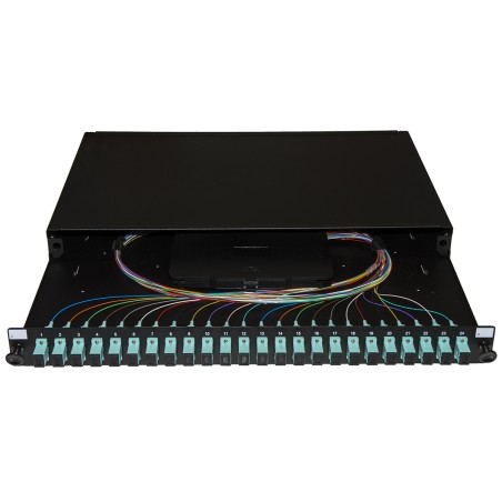 PANNELLO FIBRA OTTICA 19" CON 24 ADATTATORI SC SIMPLEX OM3 PROFONDITA' 250 MM CON PIGTAIL INSTALLATI COLORE NERO