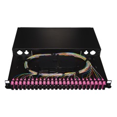 PANNELLO FIBRA OTTICA 19" CON 24 ADATTATORI SC DUPLEX OM4 PROFONDITA' 250 MM CON 48 PIGTAIL INSTALLATI COLORE NERO