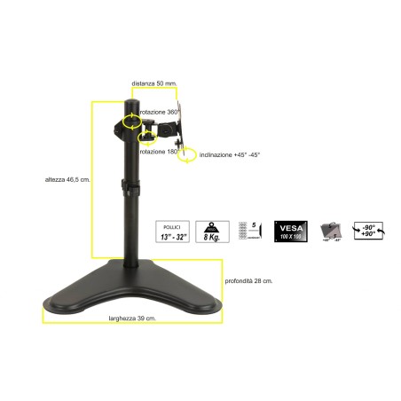 BRACCIO DA TAVOLO CON BASE PER VIDEO FINO A 8 KG DA 13 A 32" FINO A VESA 100X100