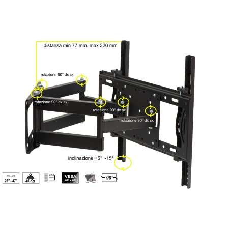 STAFFA A MURO PER TV FINO A 45 KG, DA 23 A 47" FINO A VESA 400X400