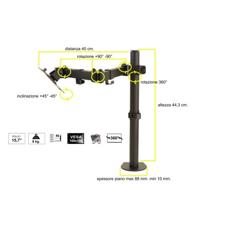 BRACCIO SUPPORTO DA TAVOLO CON MORSA A DUE SNODI PER VIDEO 13-32" FINO A 8 KG