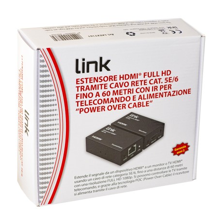 ESTENSORE HDMI® TRAMITE CAVO RETE CAT 6 FINO A 60 METRI 1080P CON COMANDO INFRAROSSI ALIMENTAZIONE DEL RICEVITORE POC (POWER OVE