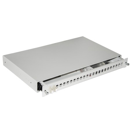 CASSETTO FIBRA OTTICA 24 PORTE PER ADATTATORI LC DUPLEX E SC SIMPLEX 1 UNITA' PER INSTALLAZIONE 19" GRIGIO CON BINARI TELESCOPIC