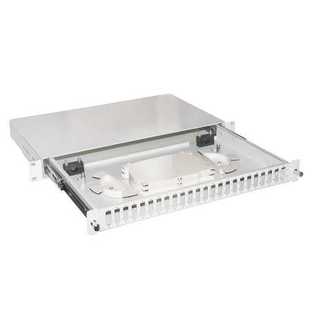 CASSETTO FIBRA OTTICA 24 PORTE PER ADATTATORI SC DUPLEX 1 UNITA' PER INSTALLAZIONE 19" GRIGIO CON BINARI TELESCOPICI