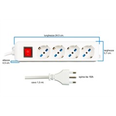 MULTIPRESA 4 PRESE UNIVERSALI ITA/SCHUKO 10/16 A - SPINA 16 A CON INTERRUTTORE