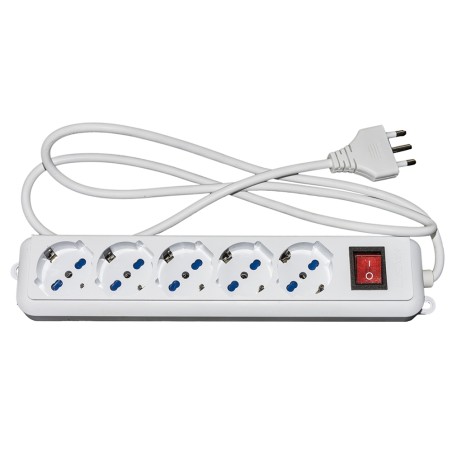 MULTIPRESA 5 PRESE UNIVERSALI ITA/SCHUKO 10/16 A - SPINA 16 A CON INTERRUTTORE BIANCA CON PROTEZIONE CONTRO SOVRACCARICHI