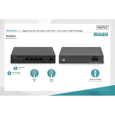 DIGITUS SWITCH 4 PORTE GIGABIT POE UNMANAGED, 1 UPLINK