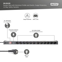 DIGITUS PRESA MULTIPLA CON PROFILO IN ALLUMINIO CON INTERRUTTORE E PROTEZIONE CONTRO LA SOVRATENSIONE, PRESA MUNITA DI MESSA A T