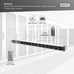 DIGITUS PRESA MULTIPLA CON PROFILO IN ALLUMINIO CON INTERRUTTORE E PROTEZIONE CONTRO LA SOVRATENSIONE, PRESA MUNITA DI MESSA A T