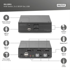 DIGITUS SWITCH KVM, 2X1 DP, DP OUT, USB
