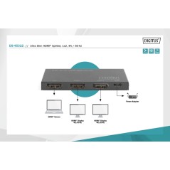 SPLITTER ULTRA SLIM HDMI, 1X2, 4K/60HZ HDR, HDCP 2.2, 18 GBPS, MICRO USB POWER