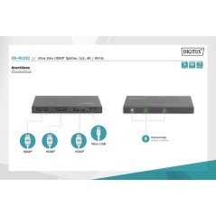 SPLITTER ULTRA SLIM HDMI, 1X2, 4K/60HZ HDR, HDCP 2.2, 18 GBPS, MICRO USB POWER