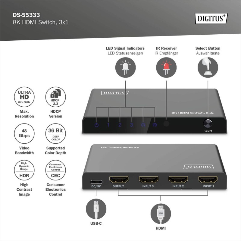 SWITCH HDMI 3X1 8K/60HZ (4:4:4), HDR, HDCP 2.3