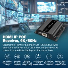 RICEVITORE HDMI PER DS55353,4K/60HZ 120/200 MT. POE, UNO-A-MOLTI, CAT, NERO
