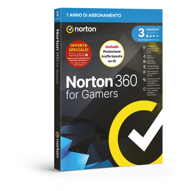 NORTON 360 FOR GAMERS 2026-ANTITRUFFA- ATTACH - 3 DISPOSITIVI 12 MESI 50GB - IT BOX NORTON 360 FOR GAMERS 2026-ANTITRUFFA- ATTACH - 3 DISPOSITIVI 12 MESI 50GB - IT BOX