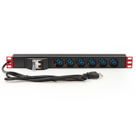 MULTIPRESA ALIMENTAZIONE PER RACK 19" CON 6 PRESE UNIVERSALI TRIPOLARI/SCHUKO MAGNETOTERMICA CON STAFFE COLORE ROSSO