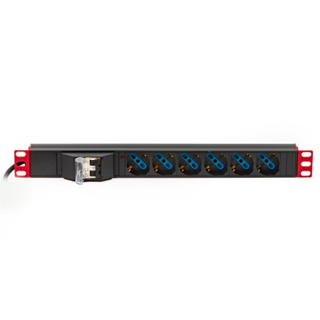 MULTIPRESA ALIMENTAZIONE PER RACK 19" CON 6 PRESE UNIVERSALI TRIPOLARI/SCHUKO MAGNETOTERMICA CON STAFFE COLORE ROSSO