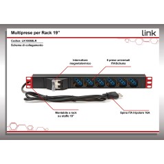 MULTIPRESA ALIMENTAZIONE PER RACK 19" CON 6 PRESE UNIVERSALI TRIPOLARI/SCHUKO MAGNETOTERMICA CON STAFFE COLORE ROSSO