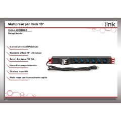 MULTIPRESA ALIMENTAZIONE PER RACK 19" CON 6 PRESE UNIVERSALI TRIPOLARI/SCHUKO MAGNETOTERMICA CON STAFFE COLORE ROSSO