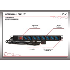 MULTIPRESA DA RACK 19 8" PRESE UNIVERSALI CON INTERRUTTORE SPINA C14