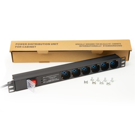 MULTIPRESA DA RACK 19" 6 PRESE UNIVERSALI CON INTERRUTTORE SPINA ITALIANA 16A E INTERRUTTORE CONTRO LE SOVRATENSIONI
