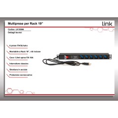 MULTIPRESA DA RACK 19" 6 PRESE UNIVERSALI CON INTERRUTTORE SPINA ITALIANA 16A E INTERRUTTORE CONTRO LE SOVRATENSIONI