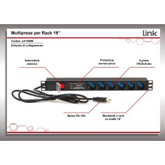 MULTIPRESA DA RACK 19" 6 PRESE UNIVERSALI CON INTERRUTTORE SPINA ITALIANA 16A E INTERRUTTORE CONTRO LE SOVRATENSIONI