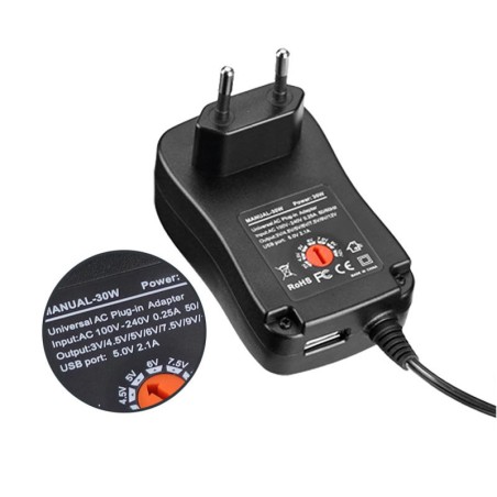 ALIMENTATORE UNIVERSALE MULTISPINA 3-12 VOLT 30 WATT CON CONNETTORE USB 5 VOLT 2.1A