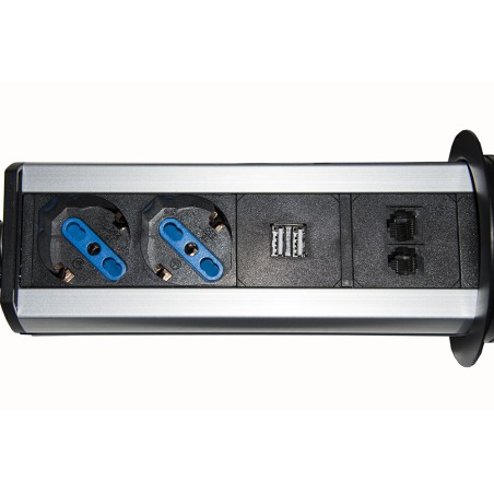 MULTIPRESA DA TAVOLO A SCOMPARSA CON 2 PRESE 16A FEMMINA ITA/SCHUKO, 1 RJ45, 1 RJ11, 2 USB