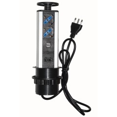 MULTIPRESA DA TAVOLO A SCOMPARSA CON 2 PRESE 16A FEMMINA ITA/SCHUKO, 1 RJ45, 1 RJ11, 2 USB