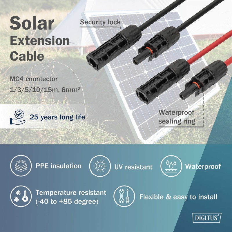 DIGITUS PROLUNGA CAVO SOLARE 5 M, 6 MM CONNESSIONE MC4, CAVO FV 1500 V DC, RESISTENTE AI RAGGI UV E ALLE INTEMPERIE, 2 CAVI, 1X