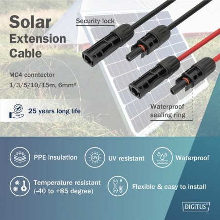 DIGITUS PROLUNGA CAVO SOLARE 10 M, 6 MM CONNESSIONE MC4, CAVO FV 1500 V DC, RESISTENTE AI RAGGI UV E ALLE INTEMPERIE, 2 CAVI, 1X