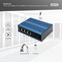 DIGITUS SWITCH POE DI RETE FAST ETHERNET A 4 PORTE, INDUSTRIALE, NON GESTITO, 1 COLLEGAMENTO SFP