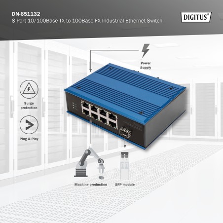 DIGITUS SWITCH DI RETE FAST ETHERNET A 8 PORTE, INDUSTRIALE, NON GESTITO, 1 UPLINK SFP