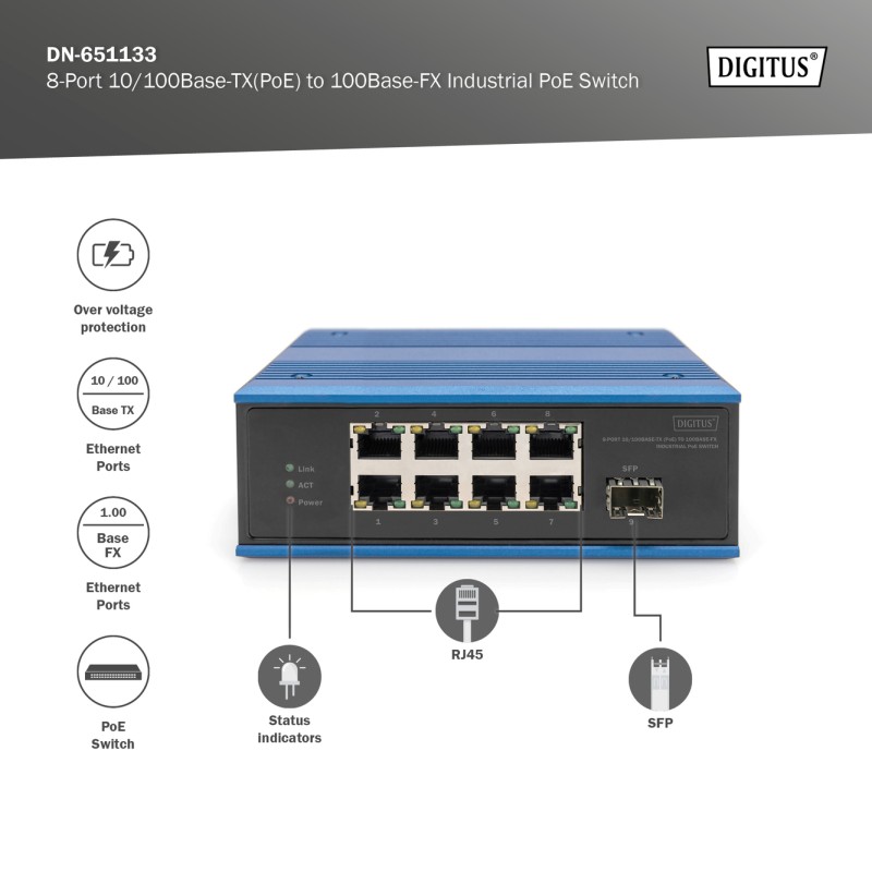 DIGITUS SWITCH POE INDUSTRIALE DA 8 PORTE 10/100BASE-TX(POE) A 100BASE-FX
