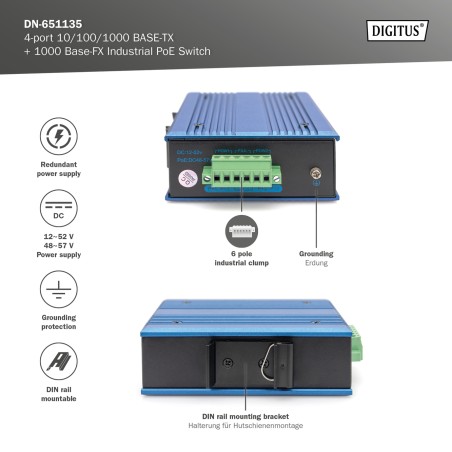 DIGITUS SWITCH POE DI RETE GIGABIT ETHERNET A 4 PORTE, INDUSTRIALE, NON GESTITO, 1 COLLEGAMENTO SFP