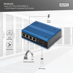 DIGITUS SWITCH POE DI RETE GIGABIT ETHERNET A 4 PORTE, INDUSTRIALE, NON GESTITO, 1 COLLEGAMENTO SFP