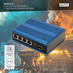 DIGITUS SWITCH POE DI RETE GIGABIT ETHERNET A 4 PORTE, INDUSTRIALE, NON GESTITO, 1 COLLEGAMENTO SFP