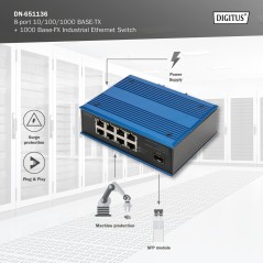 DIGITUS SWITCH DI RETE GIGABIT ETHERNET A 8 PORTE, INDUSTRIALE, NON GESTITO, 1 COLLEGAMENTO SFP