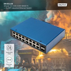 DIGITUS SWITCH DI RETE GIGABIT ETHERNET A 16 PORTE, INDUSTRIALE, NON GESTITO, 2 UPLINK SFP