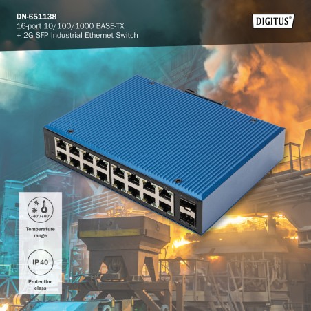 DIGITUS SWITCH DI RETE GIGABIT ETHERNET A 16 PORTE, INDUSTRIALE, NON GESTITO, 2 UPLINK SFP
