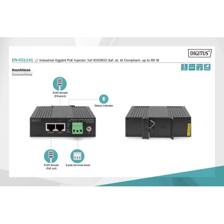 DIGITUS INIETTORE GIGABIT ETHERNETPOE, INDUSTRIALE