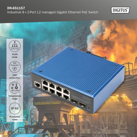 DIGITUS SWITCH INDUSTRIALE GIGABIT ETHERNET POE GESTITO A 8+2 PORTE L2
