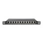 PANNELLO PATCH SOTTILE CAT.6A, SCHERMATO, 12 PORTE, 0,5 U, 10", NERO