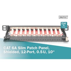 PANNELLO PATCH SOTTILE CAT.6A, SCHERMATO, 12 PORTE, 0,5 U, 10", NERO