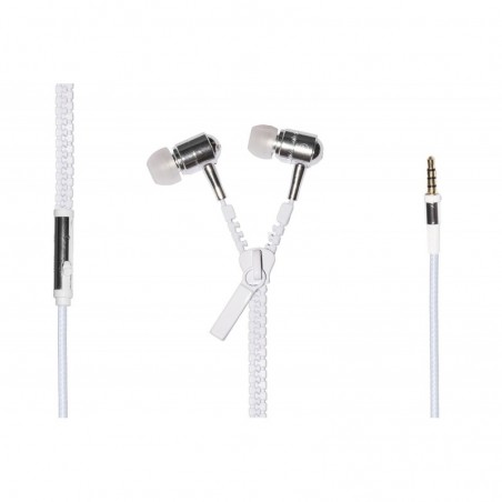 *AURICOLARI CON MICROFONO, PLUG 3,5 MM, CAVO MT 1,2 APERTURA A ZIP CAVO BIANCO E CUFFIE SILVER