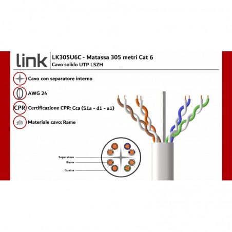 CAVO SOLIDO UTP PER RETI CATEGORIA 6 LSZH AWG24 IN RAME MATASSA MT 305 CLASSE CPR CCA