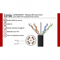 CAVO SOLIDO UTP PER RETI CATEGORIA 6 GUAINA PE PER ESTERNO AWG23 MATERIALE CCA MATASSA MT 305