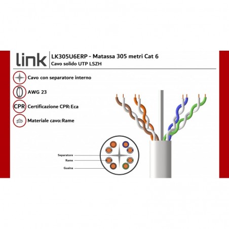 CAVO SOLIDO UTP PER RETI CATEGORIA 6 LSZH AWG23 IN RAME MATASSA MT 305 CLASSE CPR ECA GUAINA BIANCA